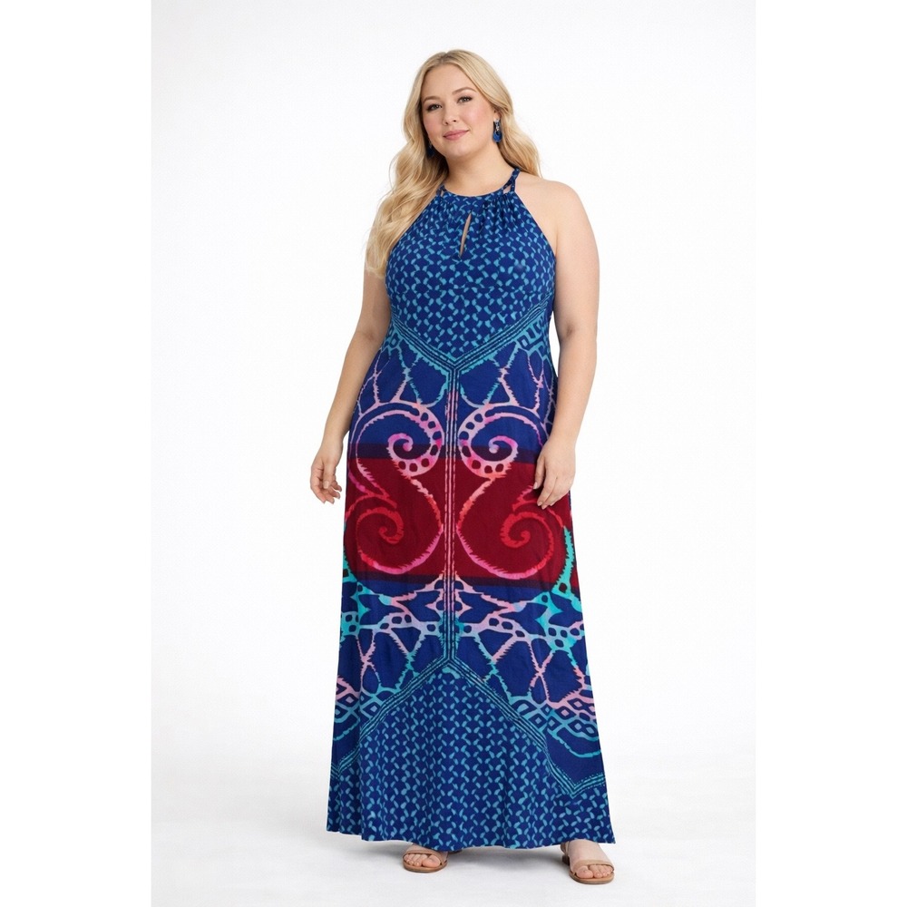 Donna Morgan Womens‎ Blue Geometric Scroll Print Halter Keyhole Maxi Dress 12